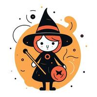 Cute witch holding a magic wand. Vector illustration in cartoon style.