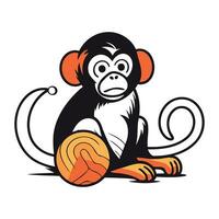 Monkey sitting with a ball of yarn. Vector illustration isolated on white background.