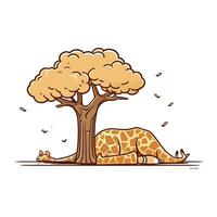 Giraffe sleeping under a tree. Vector illustration on white background.