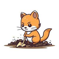 Cute little fox with a shovel. Vector illustration on white background.