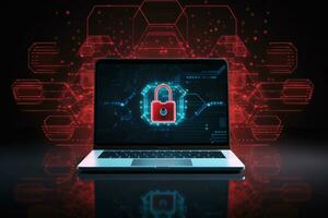 Laptop with digital padlock on screen. Generative AI photo