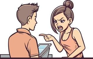 Female customer complaining to a store clerk, vector illustration, Unhappy angry customer complaining, stock vector image