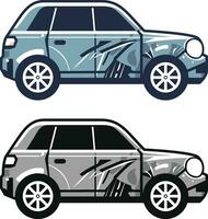 Vandalized car, flat style vector illustration, Junk car vector, destroy or damage car, colored and black and white stock vector image