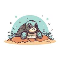 Cute turtle in the sand. Vector illustration in cartoon style.