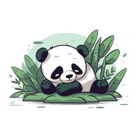 linda dibujos animados panda sentado en el césped. vector ilustración.
