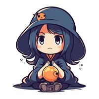 Cute little girl in witch costume with magic ball. Vector illustration.