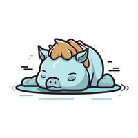 Cute cartoon little unicorn sleeping on the ice. Vector illustration.