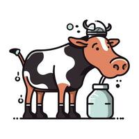 Cow with milk bottle. Cute farm animal. Vector illustration.