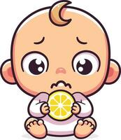 Baby reaction to lemon with wide eyes and a puckered face, cartoon style vector illustration, Baby with a slice of lemon or orange fruit, stock vector image