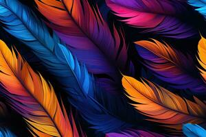 Colorful feathers, firebird feather pattern. Bright background. Generated by artificial intelligence photo