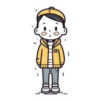 cute boy wearing winter coat and cap. hand drawn vector illustration