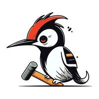 Cute cartoon woodpecker with a hammer. Vector illustration.