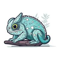 Cartoon blue chameleon on the branch. Vector illustration.