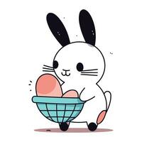 Cute bunny holding a basket of eggs. Vector illustration in cartoon style.