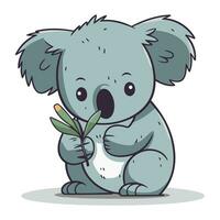 Cute cartoon koala holding a bamboo leaf. Vector illustration.