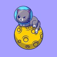 Cute Astronaut Cat Sitting On Moon Cartoon Vector Icon Illustration. Animal Science Icon Concept Isolated Premium Vector. Flat Cartoon Style