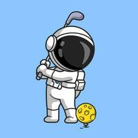 Cute Astronaut Playing Golf Moon Cartoon Vector Icon Illustration. Technology Sport Icon Concept Isolated Premium Vector. Flat Cartoon Style