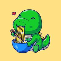 Cute Dino Eating Noodles Cartoon Vector Icon Illustration. Animal Food Icon Concept Isolated Premium Vector. Flat Cartoon Style