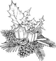 Vector illustration, hand-drawing Christmas composition. Winter plants, berries, pine cones, twigs. Festive New Year composition.
