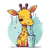 Cute giraffe drinking water. Vector illustration in cartoon style.