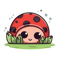 Cute ladybug on green grass. Vector flat cartoon character illustration