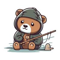 Cute cartoon bear fishing with a fishing rod. Vector illustration.