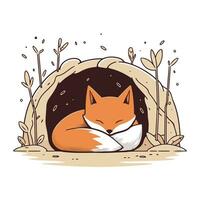 Cute fox sleeping in the chimney. Vector cartoon illustration.