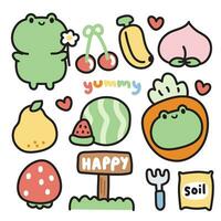 Set of cute frog with many fruit cartoon on white background.Reptile animal charatcer cartoon design.Cherry,banana,strawberry,carrot,peach,watermelon.Fruit and vegetables.Vector.Illustration. vector