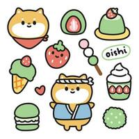 Set of cute shiba inu dog with various japanese green tea flavor dessert and sweet.Japanese pet animal character cartoon design collection.Strawberry.Kawaii.Vector.illustration. vector