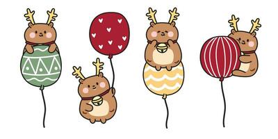 Set of cute deer wear big bell stay with balloon on background.Animal character design collection.Kid graphic.Baby clothing.Merry christmas.Winter.Kawaii.Vector.Illustration. vector