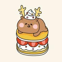 Cute deer stay on pancake strawberry flavor cartoon.Animal funny character design.Winter wild animal.Kawaii.Vector.Illustration. vector