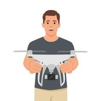 Drone with controller in hands of man. Isolated personage with unmanned aerial vehicle. Small aircraft with camera. vector