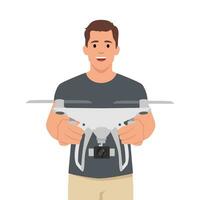 Drone with controller in hands of man. Isolated personage with unmanned aerial vehicle. Small aircraft with camera. vector