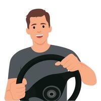 Man Driving a Car, Front View from the Inside, Male Driver Character Holding Hands on a Steering Wheel. vector