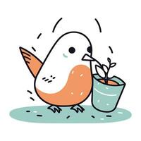 Cute little bird with a flower in a pot. Vector illustration.