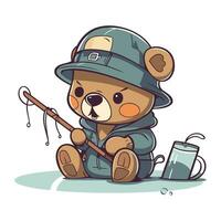 ilustración de un linda oso en un sombrero con un pescar varilla vector