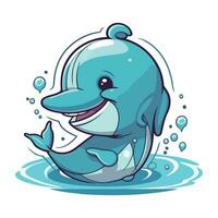 Illustration of a Cute Smiling Blue Whale Cartoon Character in Water vector