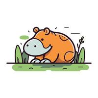 Cute hippopotamus in the grass. Vector illustration in flat style.