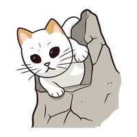 Cute cartoon cat on the rock. Vector illustration isolated on white background.