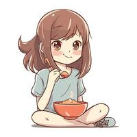 linda pequeño niña comiendo un cuenco de cereal. vector ilustración.