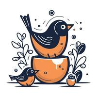 Vector illustration of a cute little bird sitting on an eggshell. Doodle style.