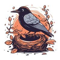 Crow sitting in the nest. Vector illustration in vintage style.