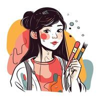 Vector illustration of a beautiful girl with paint brushes in her hand.