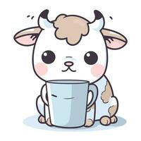 Cute cow with a cup of milk. Vector cartoon illustration.