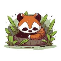 Cute panda sitting on the stump. Vector cartoon illustration.