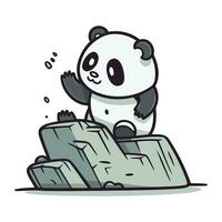 Cute cartoon panda sitting on a rock. Vector illustration.