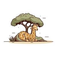 Giraffe sitting under a tree. Vector illustration isolated on white background.