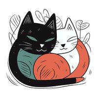 linda negro gato y rojo gato dormido en un cesta. vector ilustración