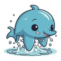 Cute cartoon dolphin jumping out of the water. Vector illustration.