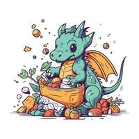 Cartoon dragon with a basket full of vegetables. Vector illustration.